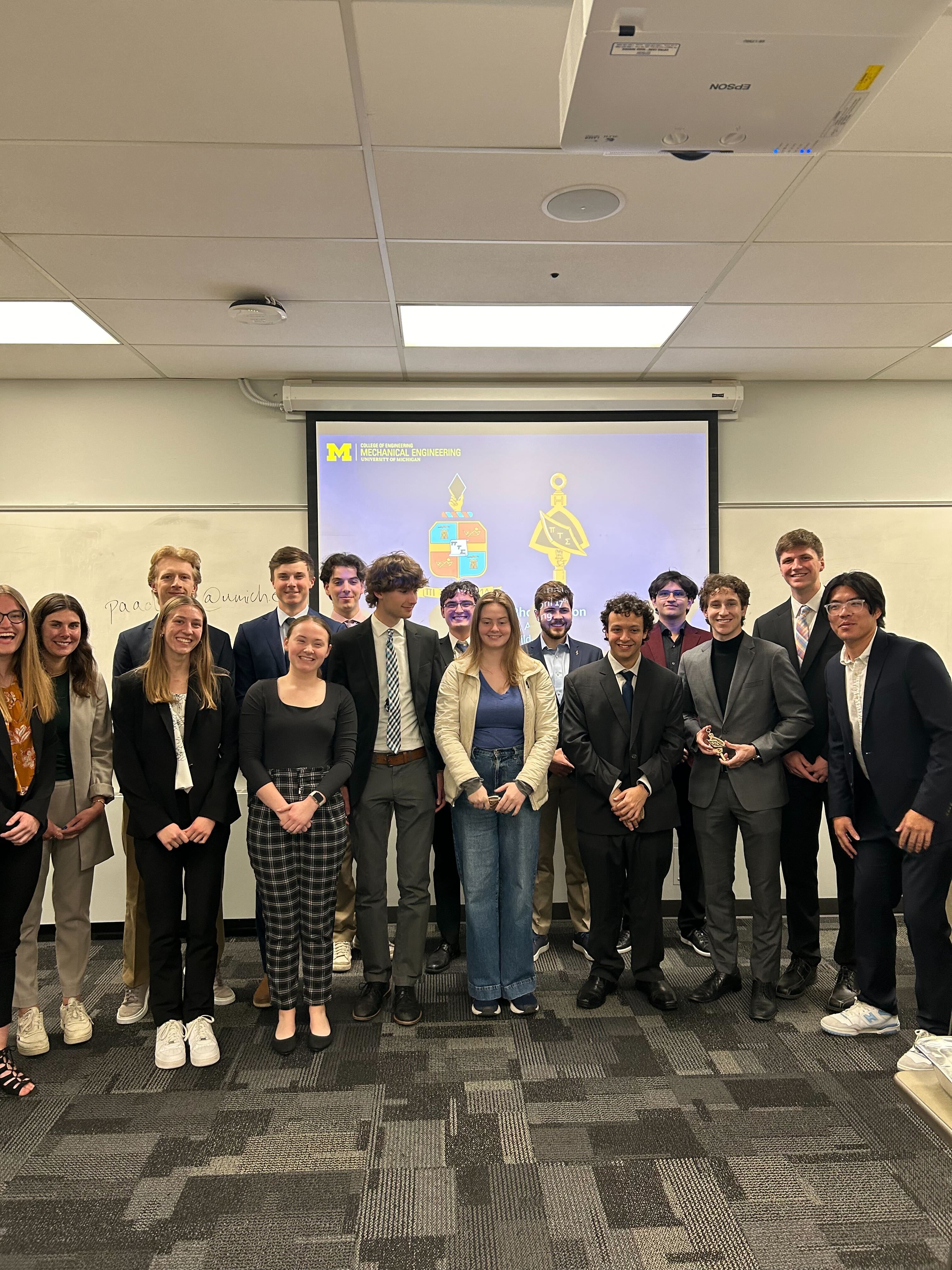 Officers and Initiates from left to right: Marissa May, Lauren Berry, Kayla Mazure, Pierce Bednas, Daniel Stack, Lexi Martin, Ben Andelman, Billy Waite, Owen Sayer, Alison Brei, Jack Evans, Pedro Bignotto Racchetti, Jorge Luna, Nate Giessner, Trever Perl, and Josiah Wong